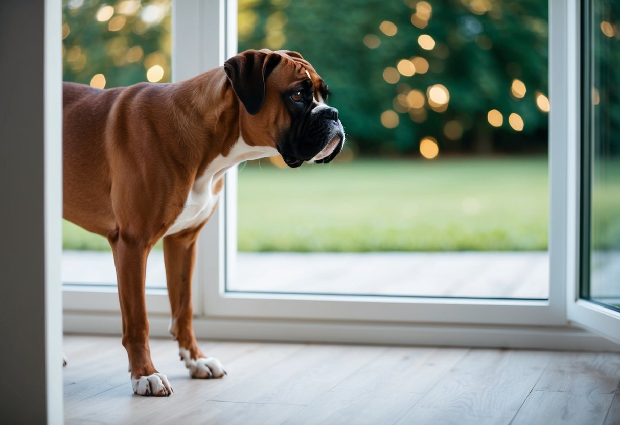 A boxer dog anxiously paces back and forth, whining and looking out the window as their owner leaves the house