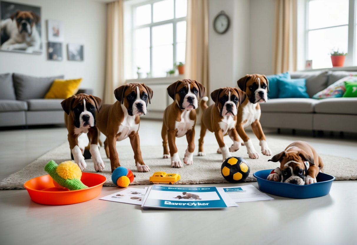 A group of boxer puppies playing in a spacious, well-lit room with toys and a comfortable resting area. A variety of resources and support materials for boxer owners are displayed on a nearby table
