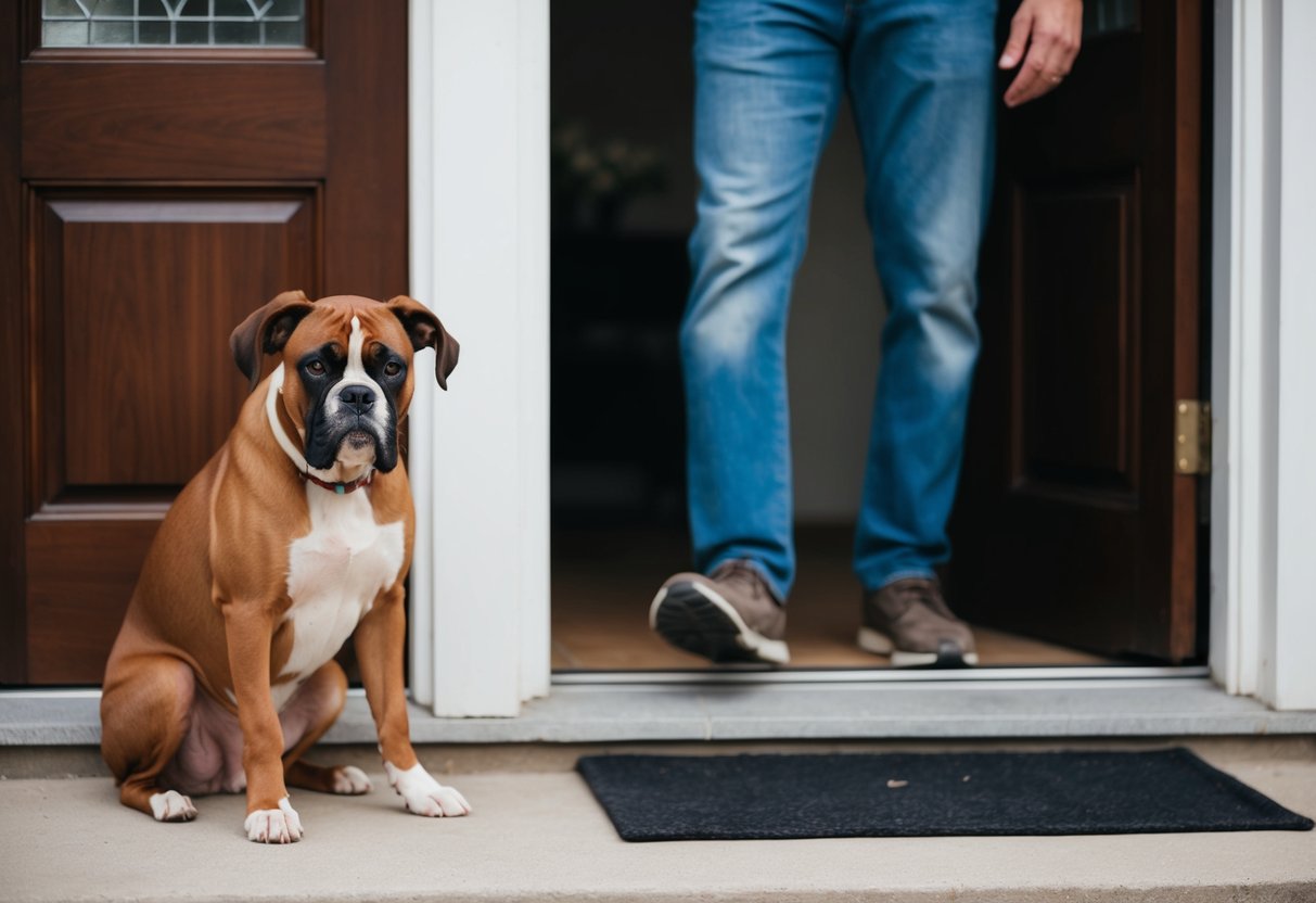 A boxer dog anxiously waits by the front door, whining and pacing as their owner prepares to leave. The dog's ears are drooped and their tail is tucked between their legs, showing signs of distress