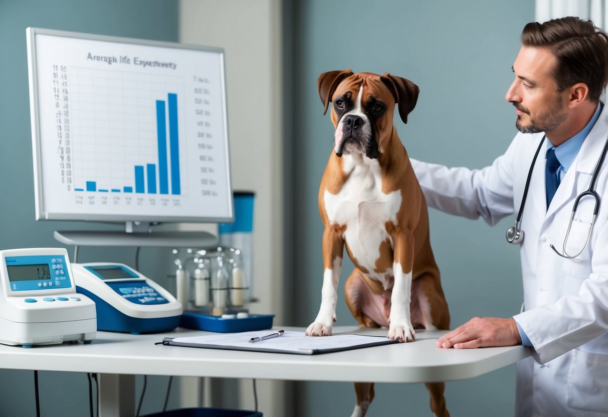 A boxer dog stands proudly beside a veterinarian's table, surrounded by charts and medical equipment. The vet gestures towards a graph showing the breed's average life expectancy