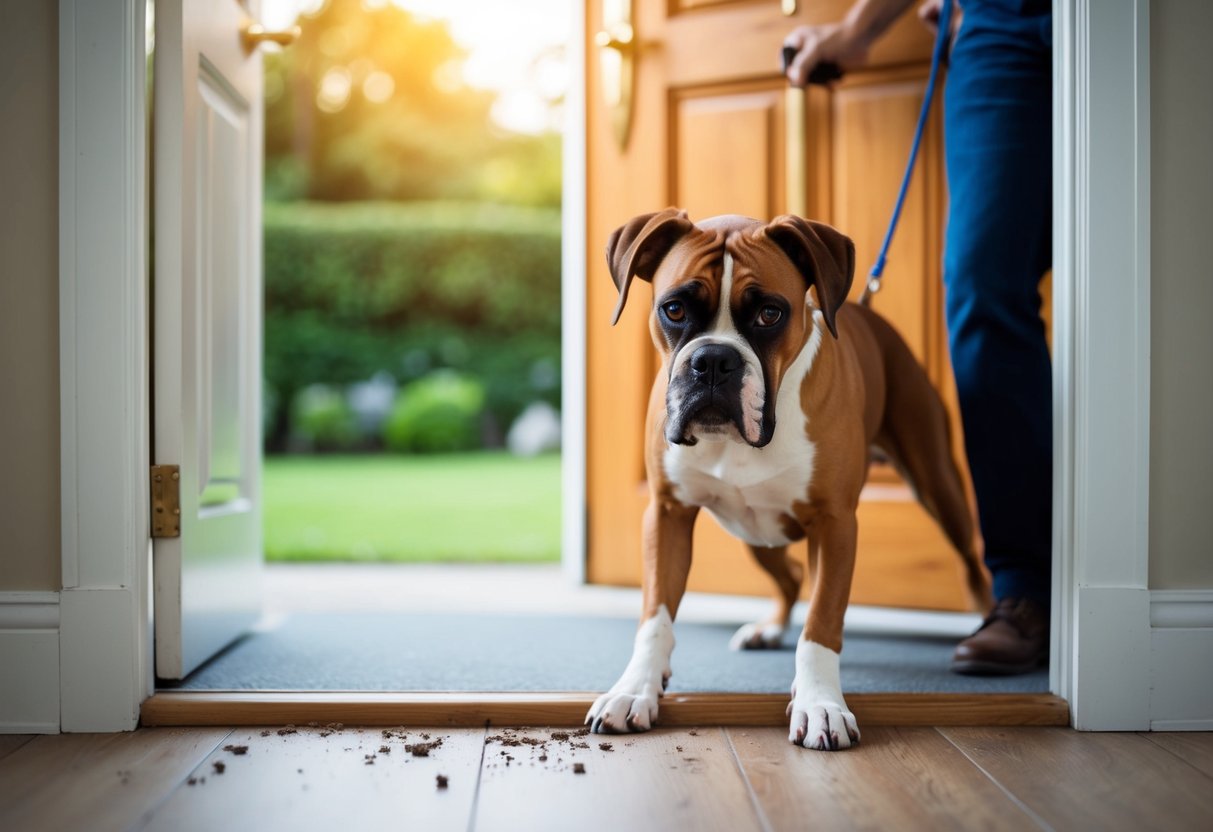A boxer dog anxiously paces back and forth, whining and scratching at the door, while their owner prepares to leave for work