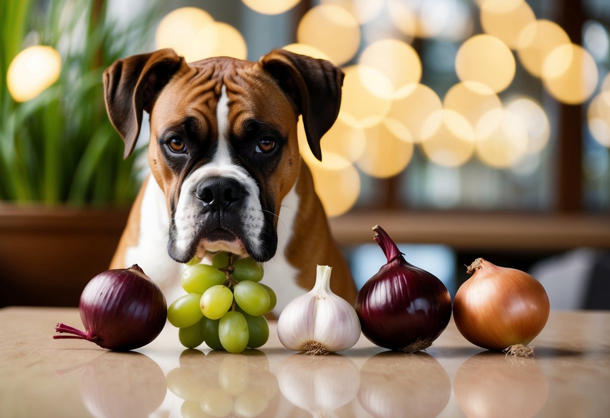 A boxer dog avoiding chocolate, grapes, onions, garlic, and caffeine