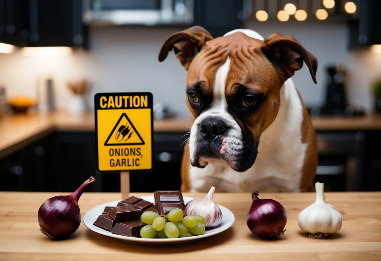 A boxer dog turning away from a plate of chocolate, grapes, onions, and garlic, with a cautionary sign nearby