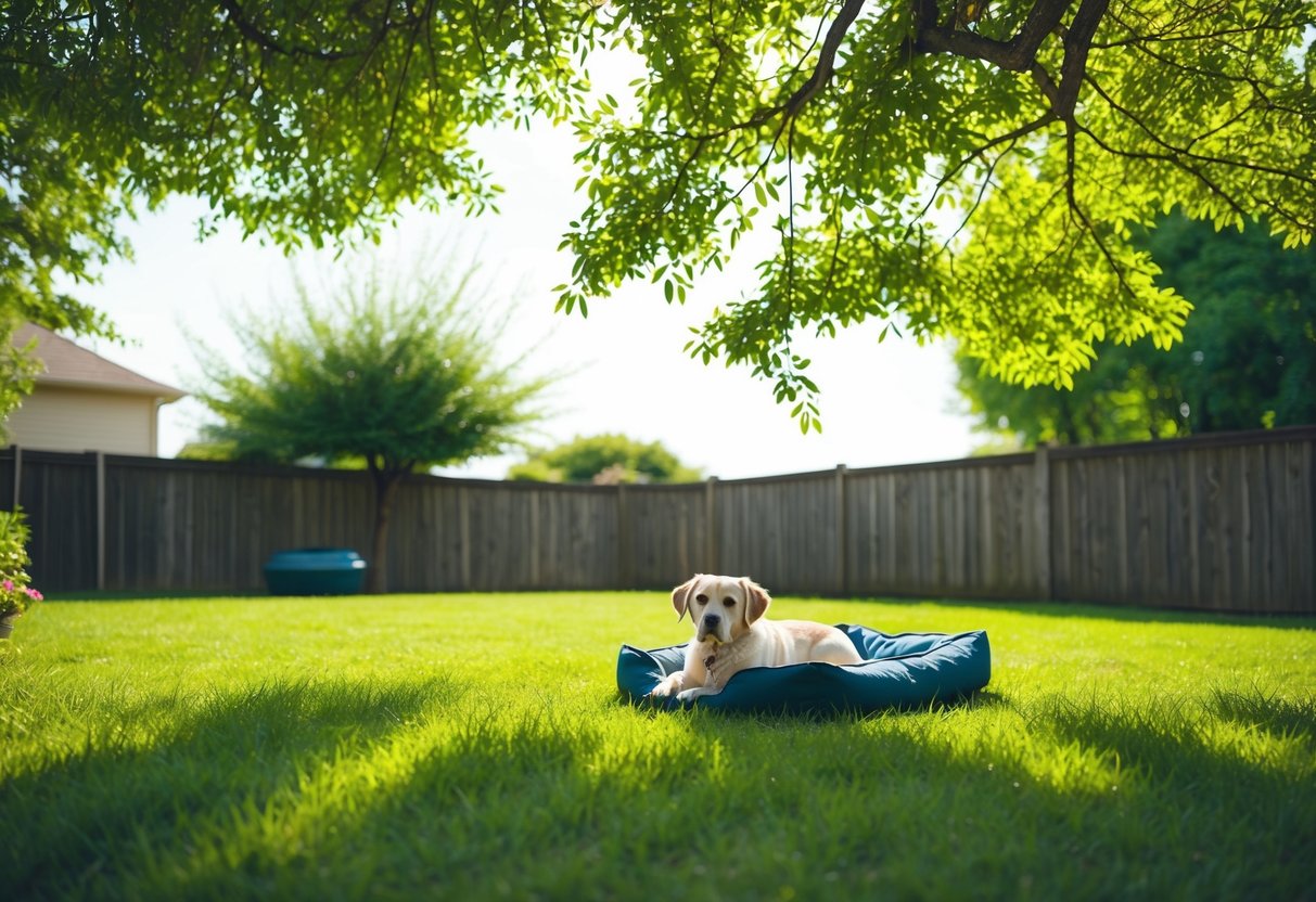 A peaceful backyard with a lone dog bed under a shady tree
