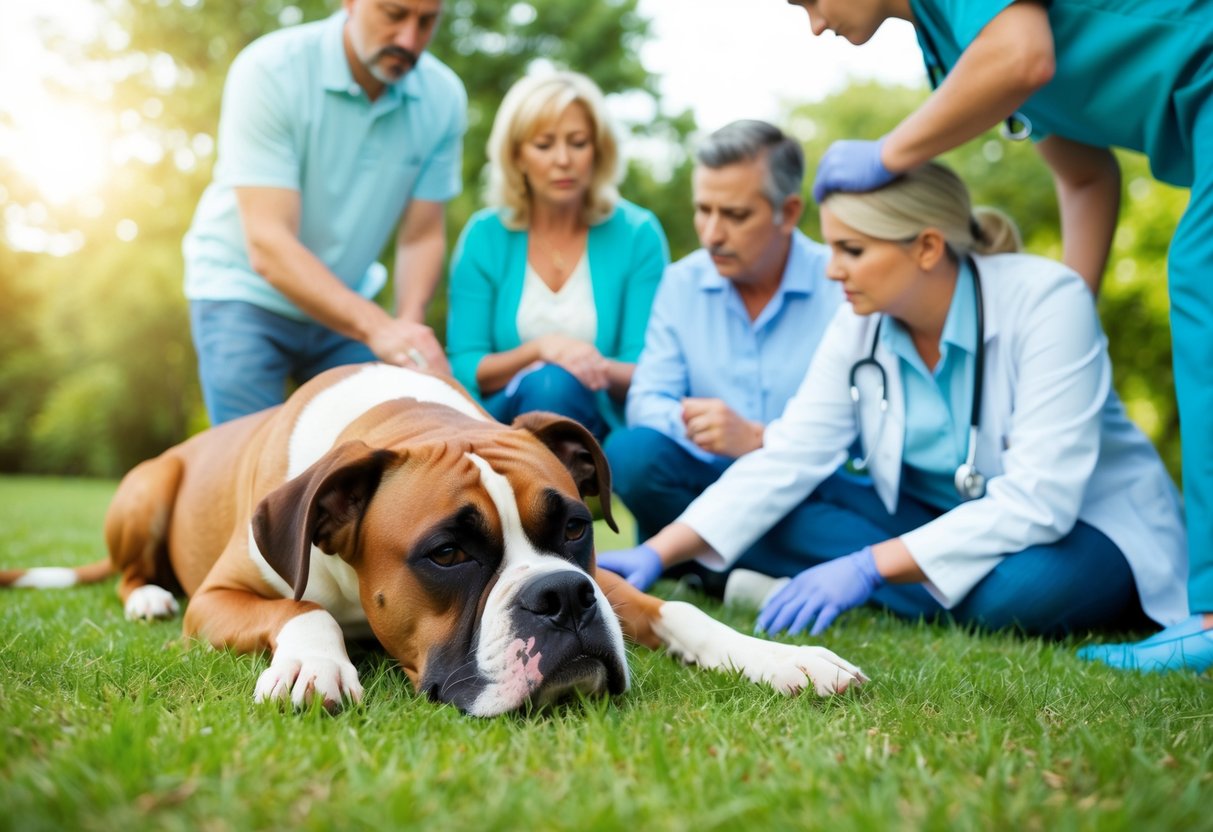 A boxer dog lying motionless on the ground, surrounded by concerned family members and a veterinarian