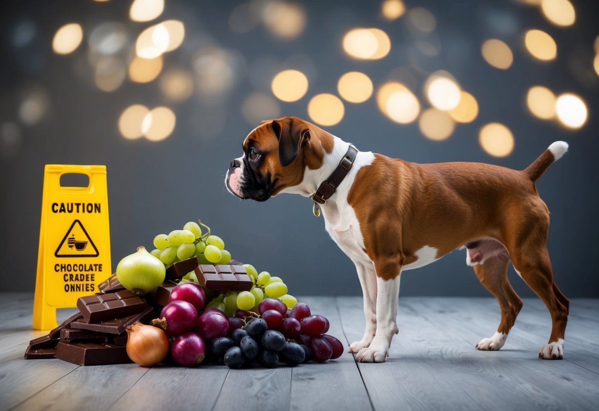 A boxer dog turning away from a pile of toxic foods, such as chocolate, grapes, and onions, with a cautionary sign nearby