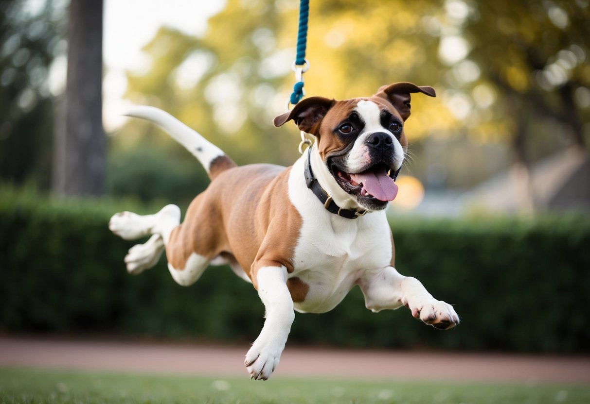 A boxer dog eagerly wags its tail as it is lifted into the air, its tongue lolling out in a happy, carefree expression