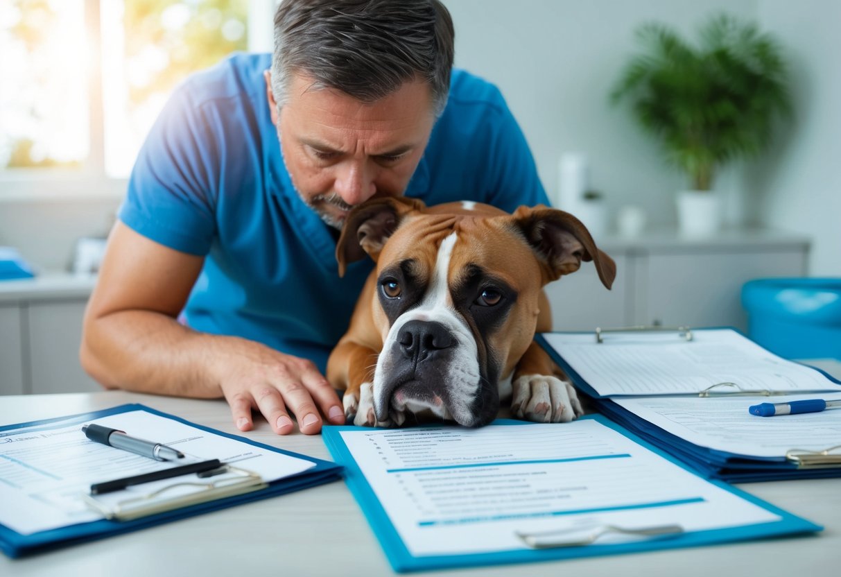 A distraught owner looking at a lifeless boxer dog, surrounded by veterinary documents and a list of symptoms