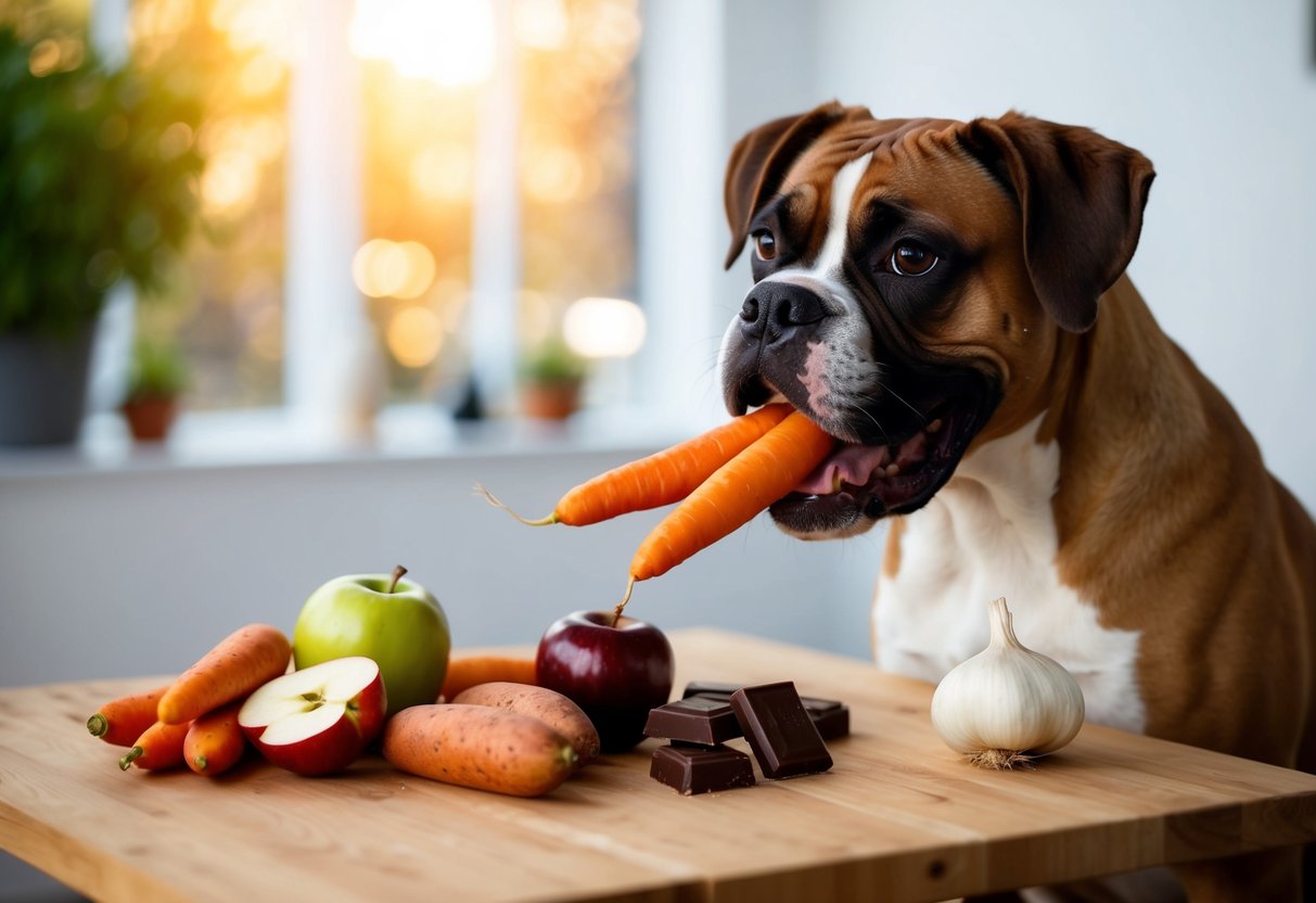 A boxer dog happily munching on carrots, apples, and cooked sweet potatoes. Avoiding chocolate, grapes, onions, and garlic