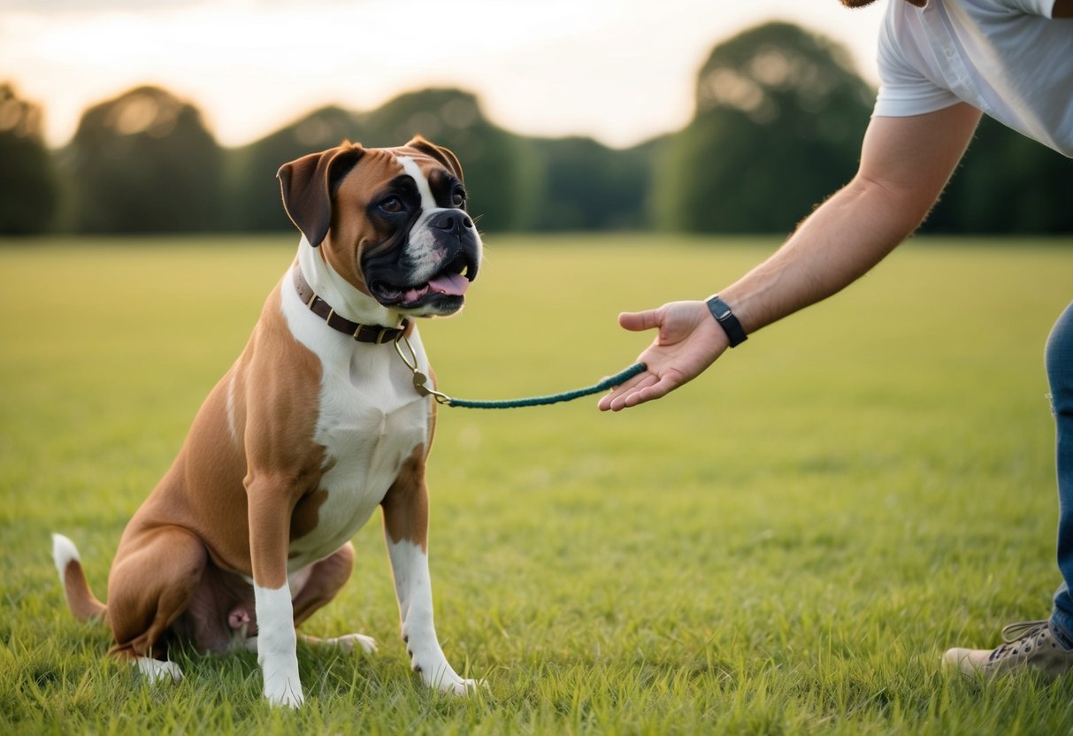 A boxer dog sitting on a grassy field, wagging its tail and looking up eagerly as a person reaches down to pick it up