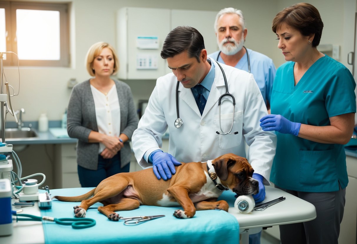 A veterinarian carefully examines the deceased boxer dog's body, surrounded by medical equipment and tools. The owner looks on with a mix of grief and confusion