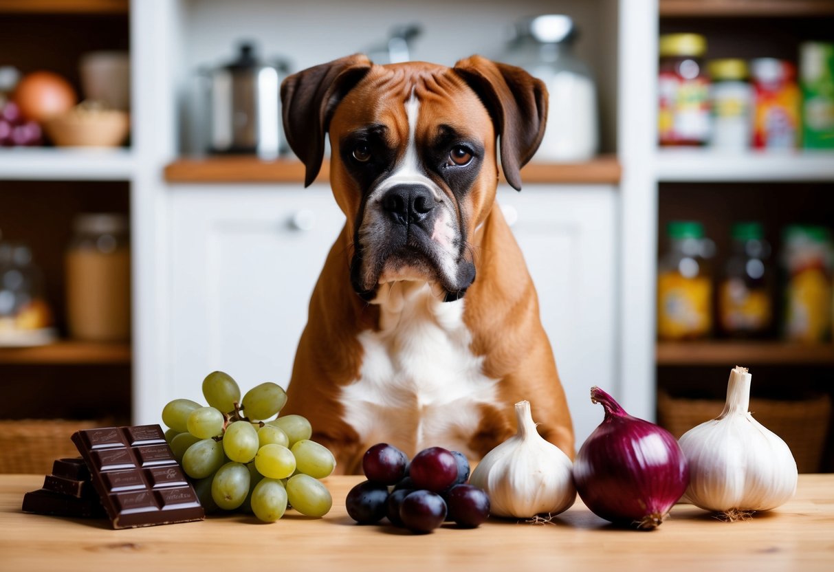 A boxer dog surrounded by foods to avoid: chocolate, grapes, onions, garlic, and caffeine
