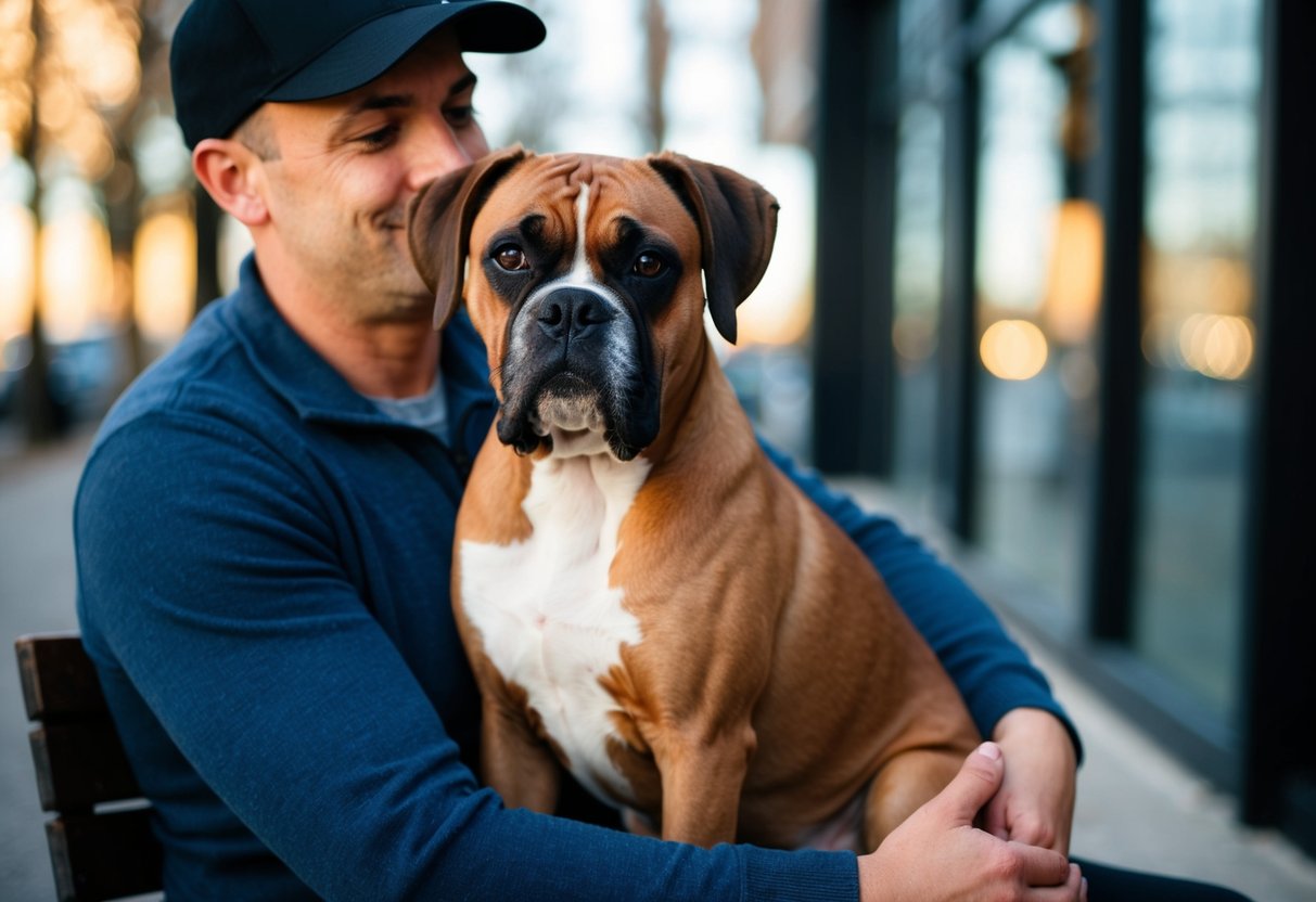 A boxer dog sitting calmly in a person's arms, looking content and relaxed