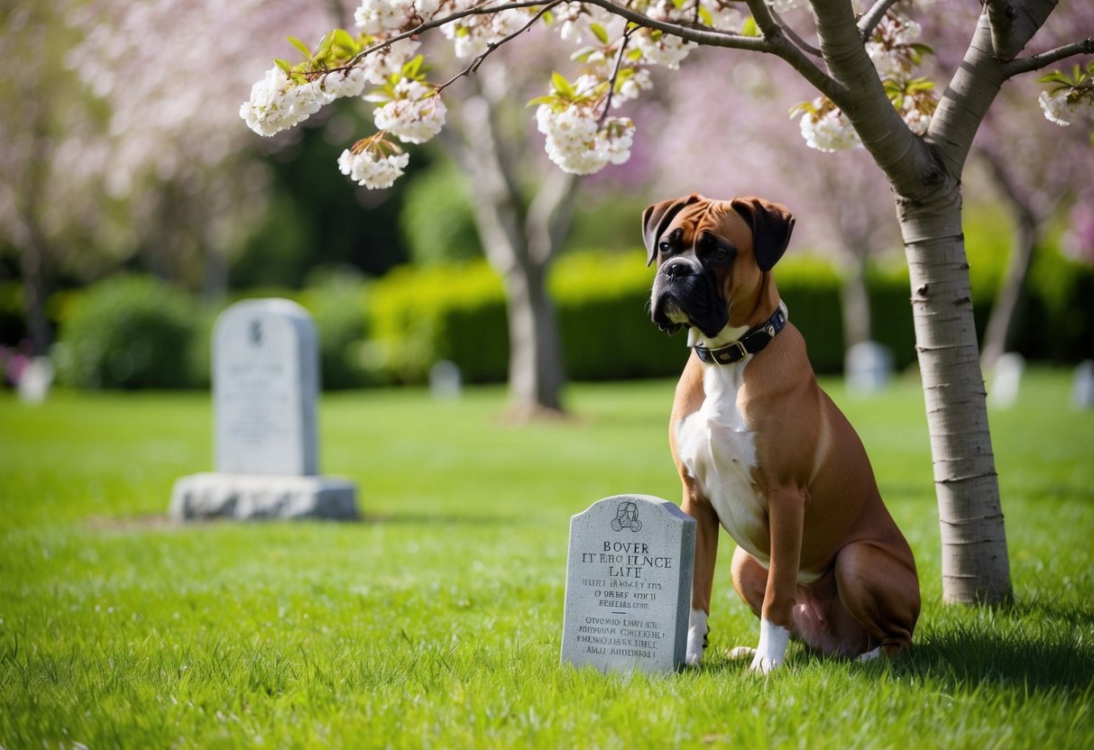 A peaceful garden with a boxer dog's collar and a memorial stone under a blossoming tree