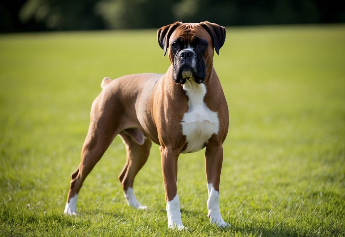 A fully grown boxer dog standing proudly in a grassy field, with a strong and muscular build and a confident expression on its face