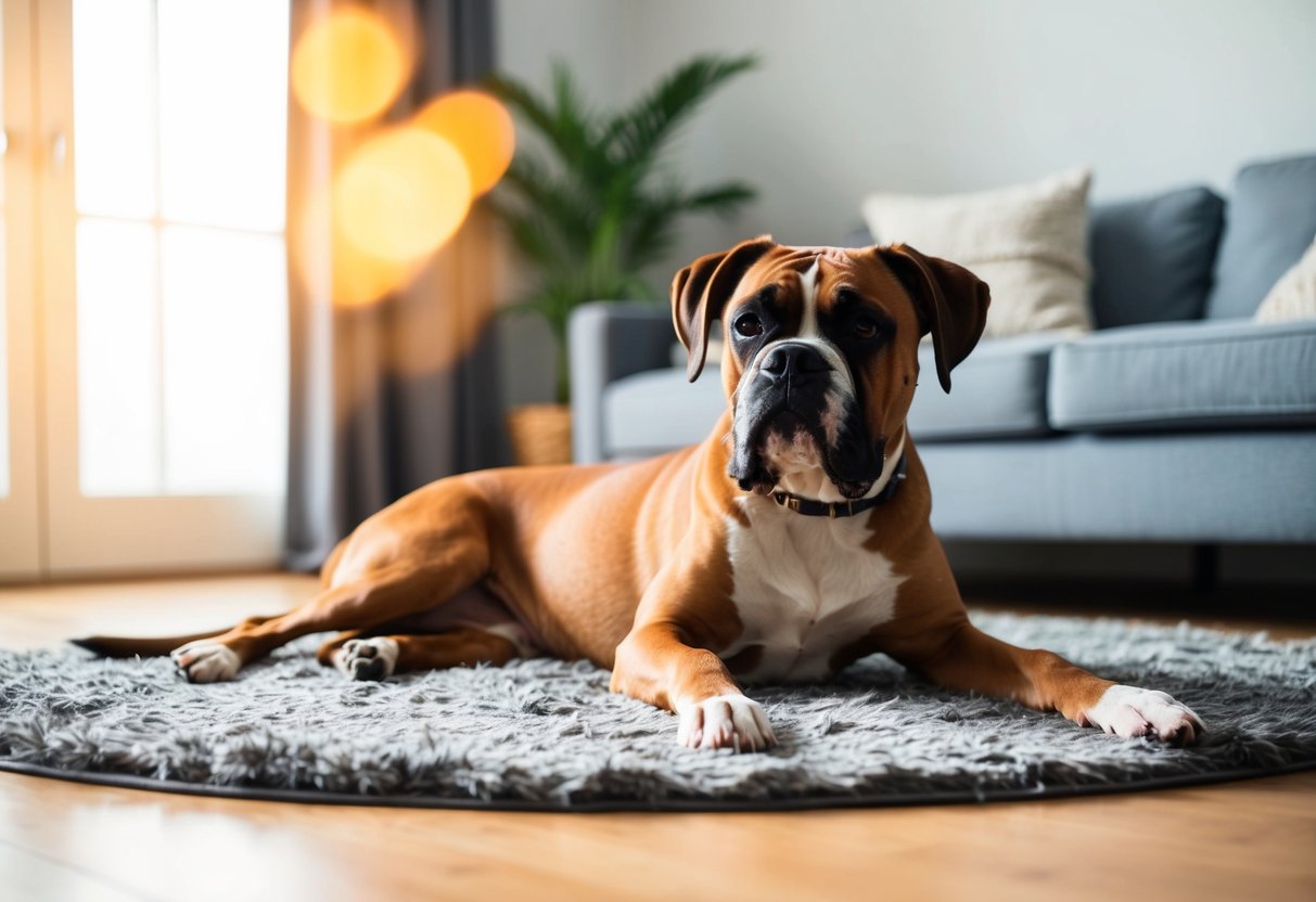 A boxer dog lounges peacefully in a sunlit room, resting on a plush rug with a contented expression