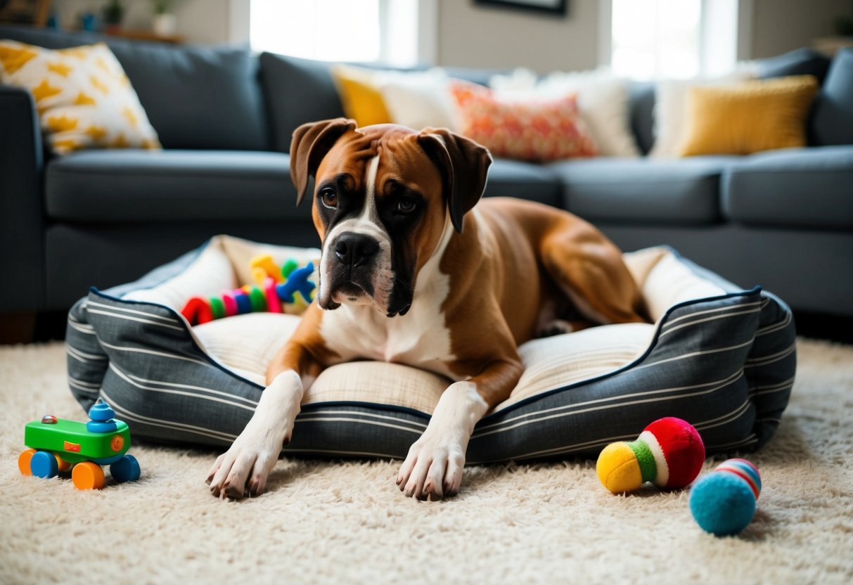 A boxer dog lying calmly in a cozy living room, surrounded by toys and a comfortable bed
