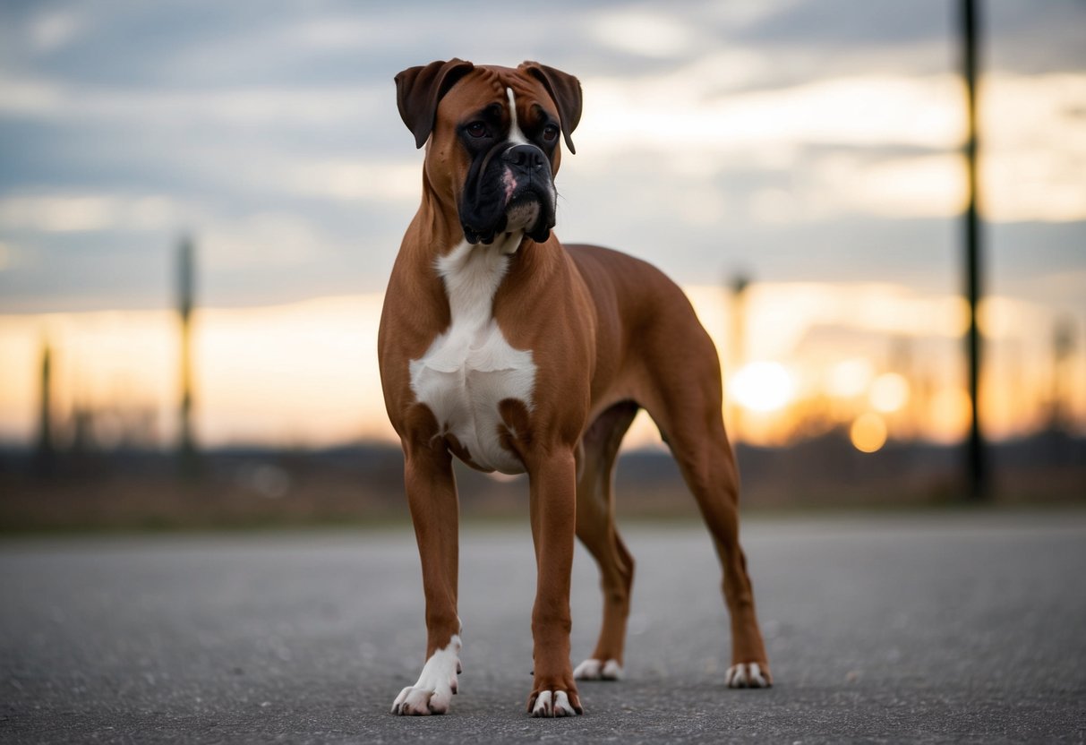 A boxer dog standing tall and strong, with a sleek and muscular body, exuding confidence and maturity