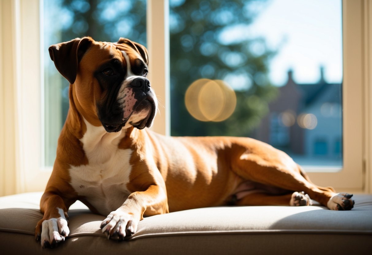 A boxer dog lounges contentedly in a sunlit room, gazing out the window with a relaxed and calm demeanor