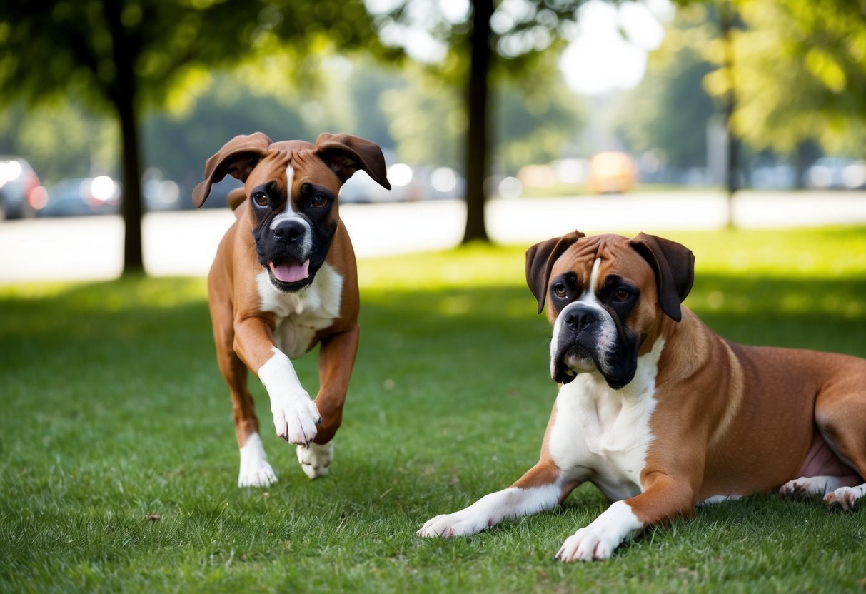 A young boxer dog playing energetically in a park, while an older boxer lounges calmly in the shade