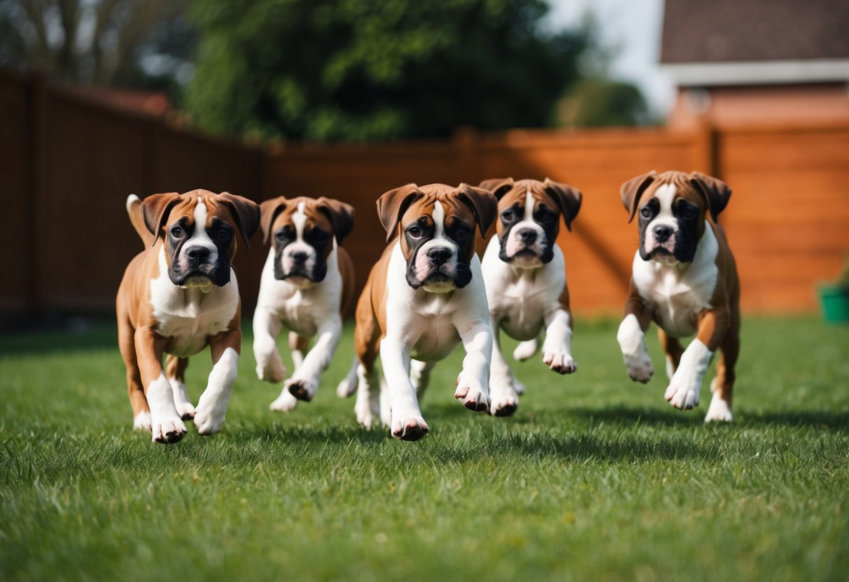 A group of playful, energetic boxer puppies romping around a spacious, grassy yard, with their sleek, muscular bodies indicating their full-grown status