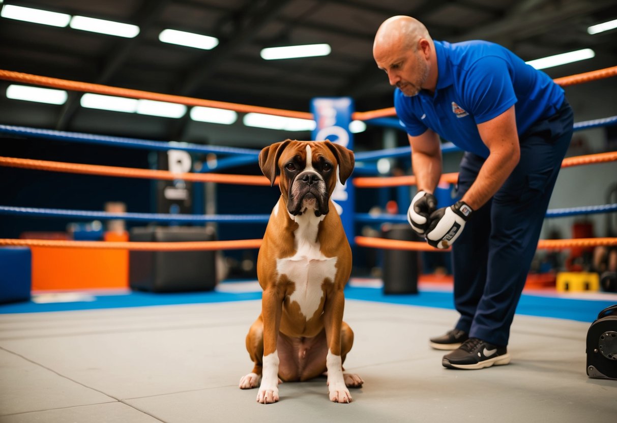 A boxer dog sits calmly in a training ring, surrounded by equipment and a focused trainer
