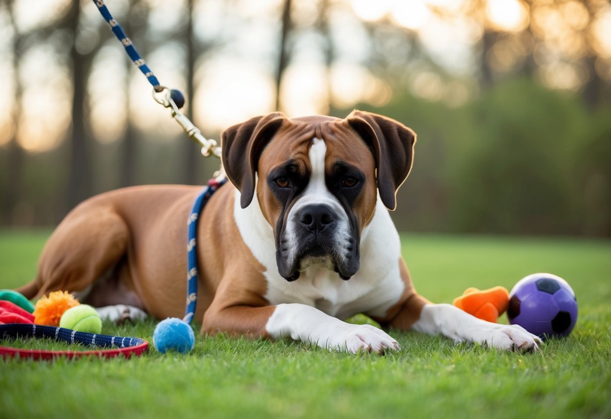 A boxer dog peacefully lying down, surrounded by toys and a leash