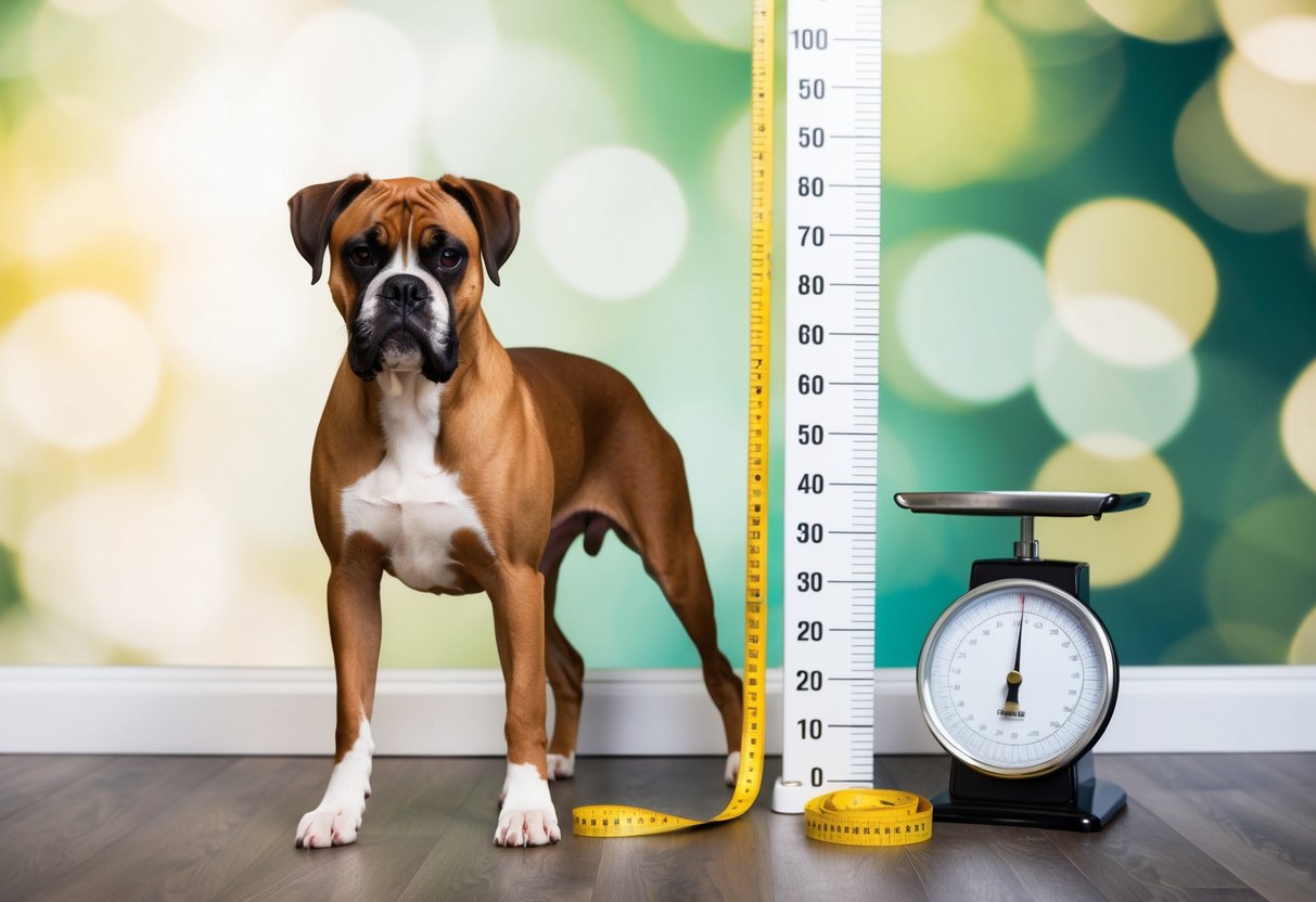 A boxer dog standing next to a growth chart, measuring tape, and a scale