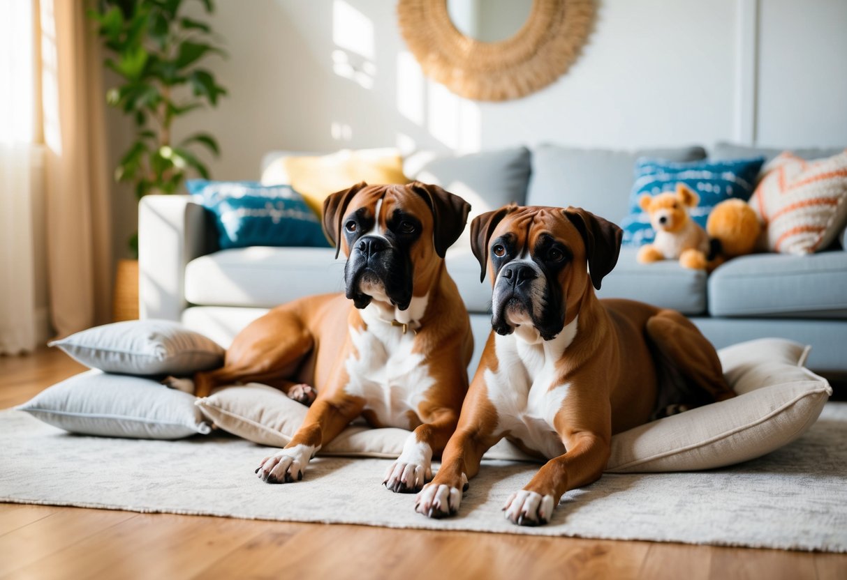 Two boxer dogs lounging peacefully in a sunlit living room, surrounded by comfortable pillows and toys