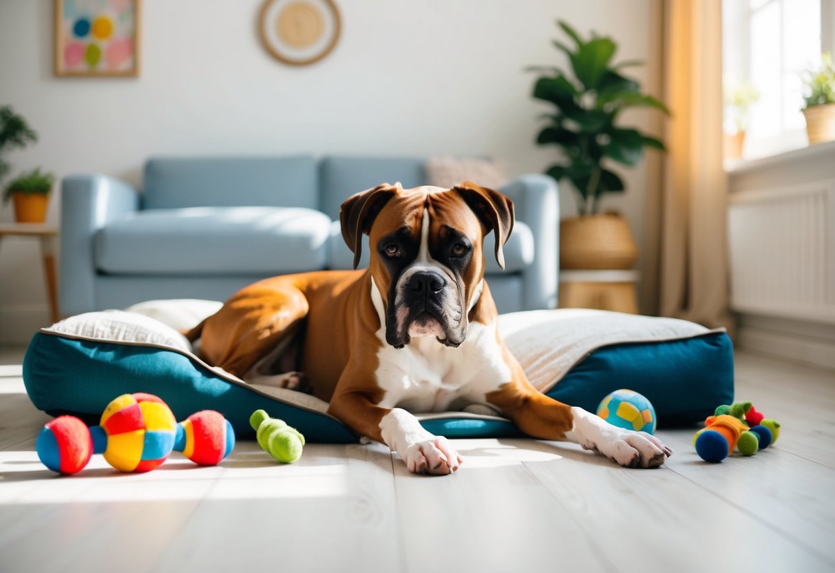 A boxer dog lying peacefully in a sunlit room, surrounded by toys and a comfortable bed