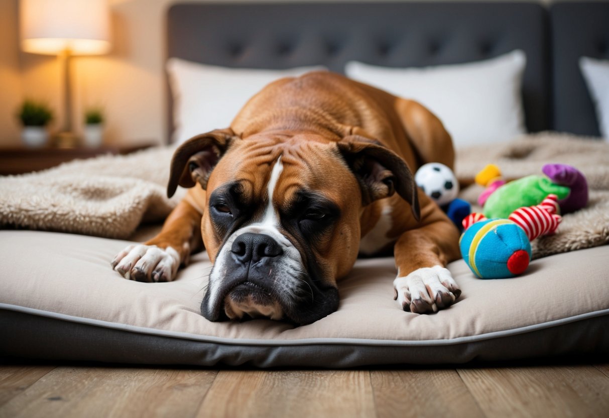 A boxer dog lies peacefully on a soft bed, surrounded by toys and a cozy blanket. Its eyes are closed, and its breathing is slow and steady