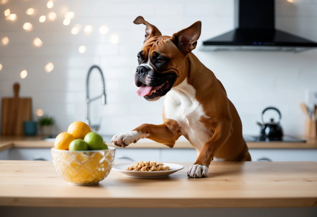 A boxer dog chewing on furniture while jumping up on the counter to snatch food