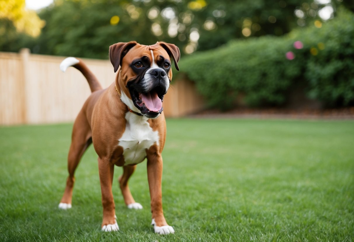 A boxer dog barking loudly in a spacious backyard, ears perked and tail wagging