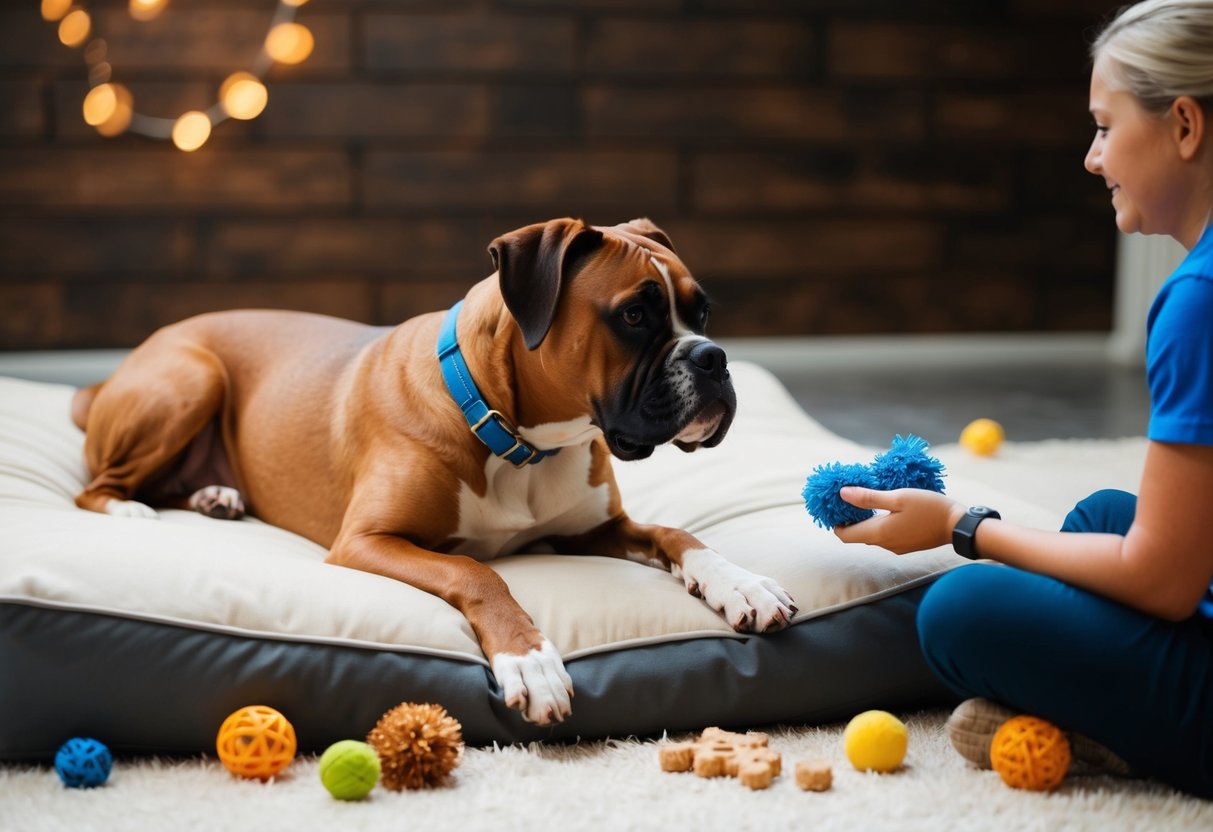 A boxer dog lies peacefully on a soft bed, surrounded by toys and treats. A trainer sits nearby, calmly rewarding the dog for following commands