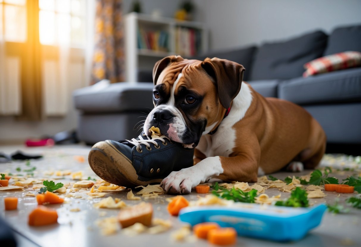 A boxer dog chewing on a tattered shoe while lounging in a messy, food-strewn living room