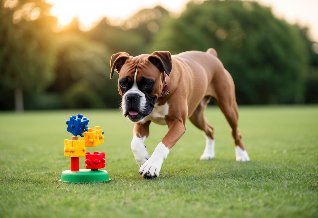 A boxer dog engaging in mental stimulation with puzzle toys, followed by a vigorous exercise session in a spacious outdoor setting