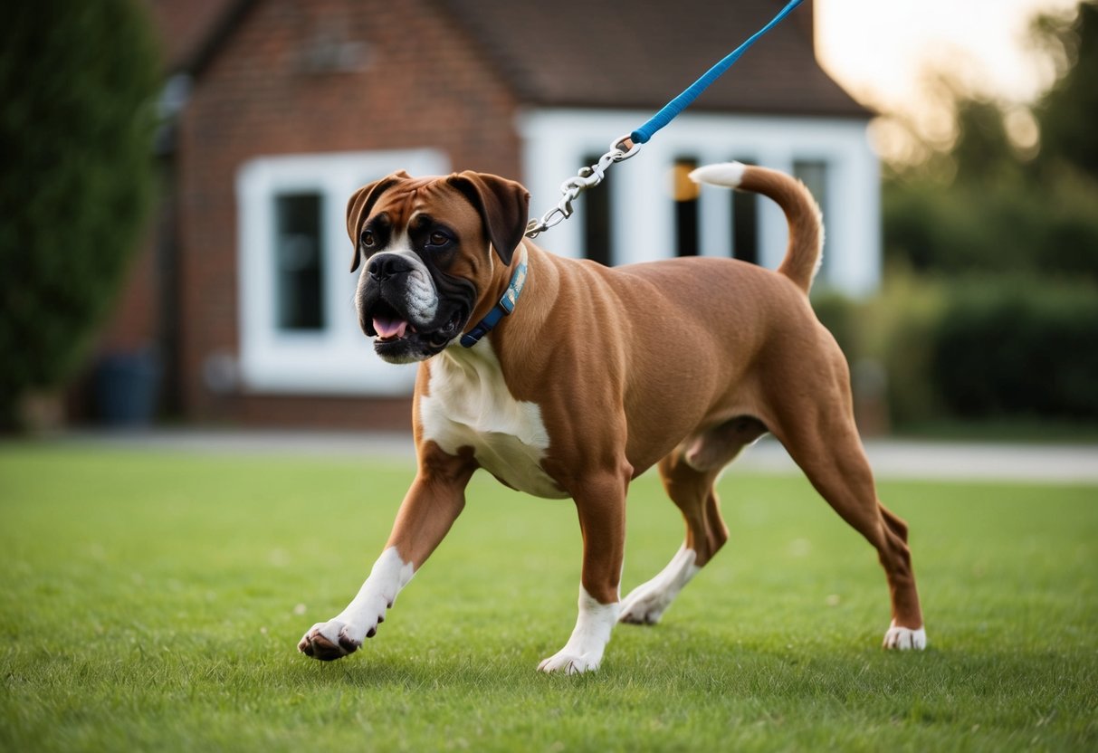 A boxer dog pulling on its leash during training, ignoring commands