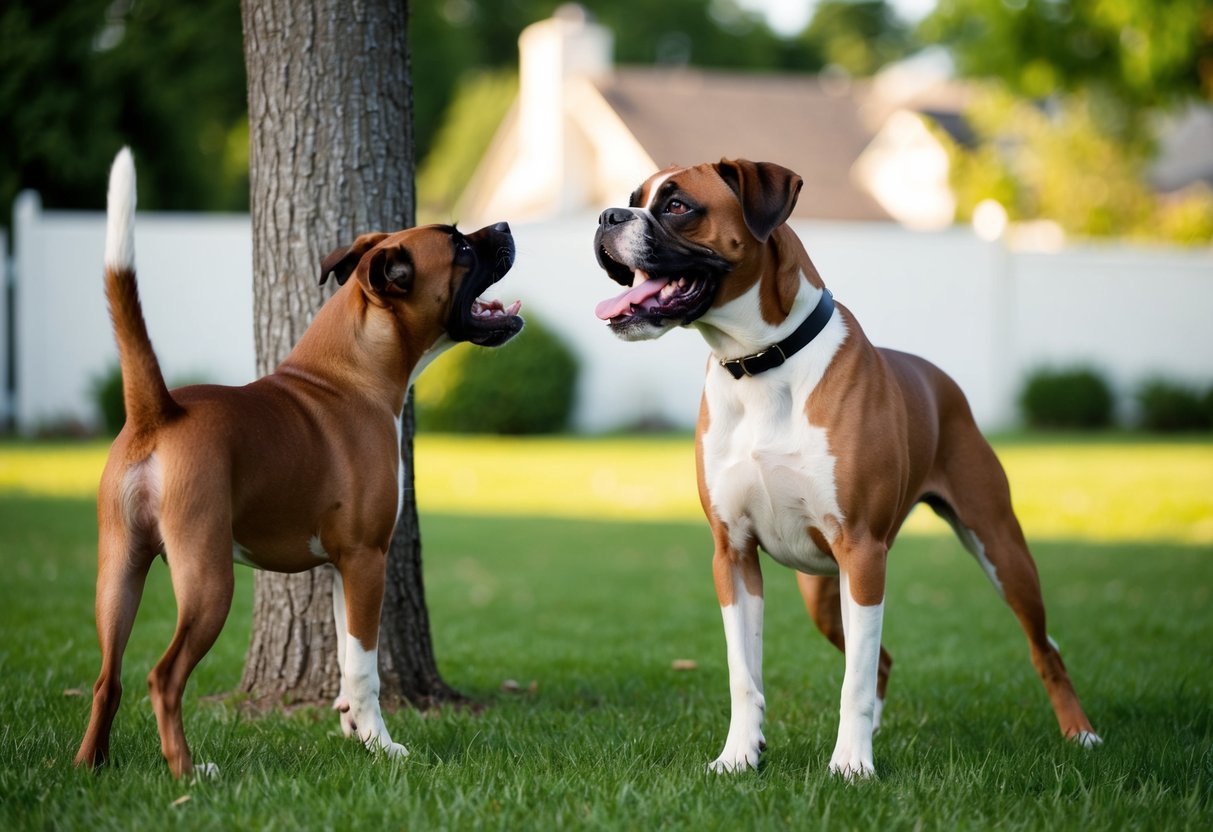 A boxer dog stands in a yard, barking at a squirrel in a tree. The dog’s ears are up and its tail is wagging