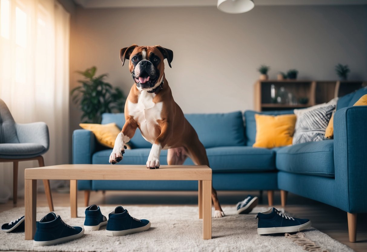 A boxer dog jumping on furniture, chewing on shoes, and knocking over objects in a living room