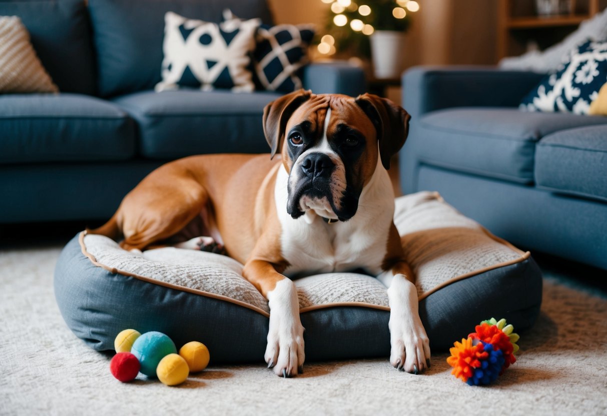 A boxer dog relaxes in a cozy living room, surrounded by toys and a comfortable bed. The dog appears content and at ease, exhibiting calm behavior