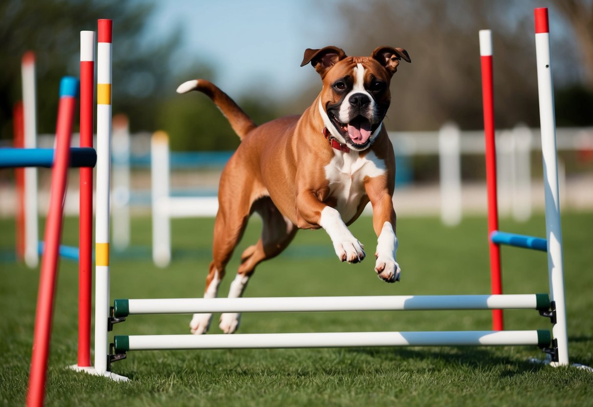 A boxer dog running through an agility course, jumping over hurdles and weaving through poles, while barking enthusiastically