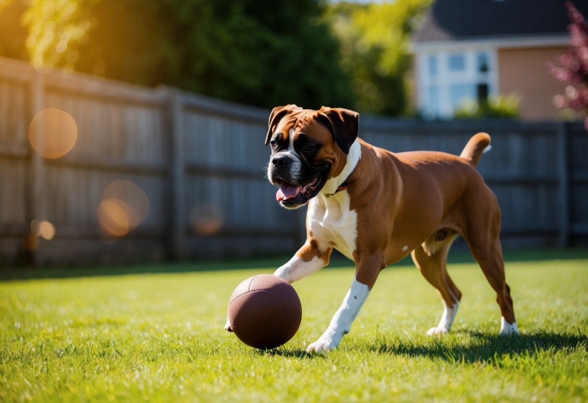 A happy boxer dog playing with a ball in a sunny backyard