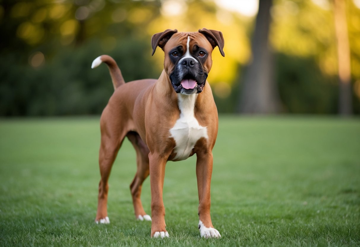 A boxer dog stands confidently, ears alert and tail wagging, showing no signs of aggression