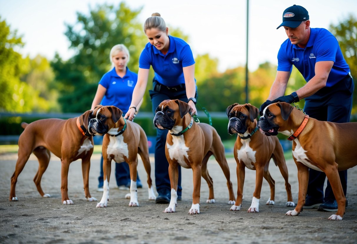 A group of boxer dogs engage in obedience training and socialization at a dog park, interacting with other dogs and following commands from their trainer