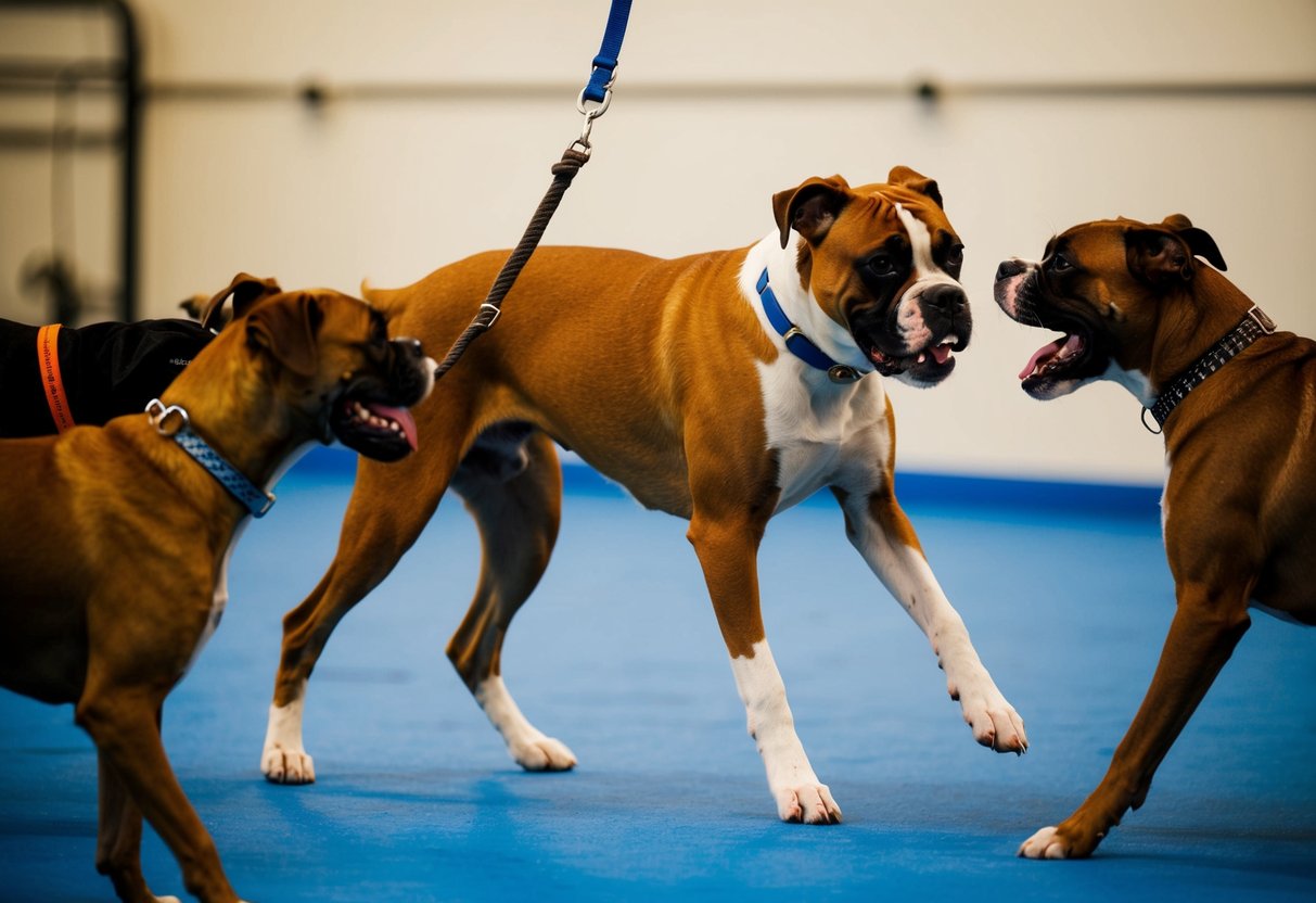 A boxer dog interacts with other dogs in a training class, displaying aggressive behavior