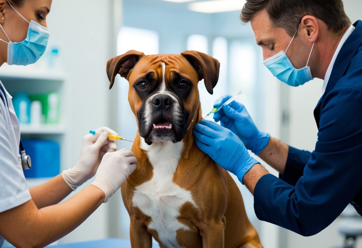 A boxer dog receiving a check-up at the veterinarian's office, with a veterinary technician administering a vaccination and a veterinarian examining the dog's teeth