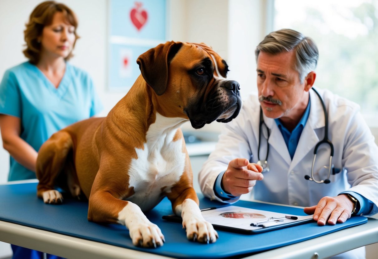 A boxer dog lying on a veterinarian's table with a concerned owner in the background. The vet pointing to a diagram of a dog's heart