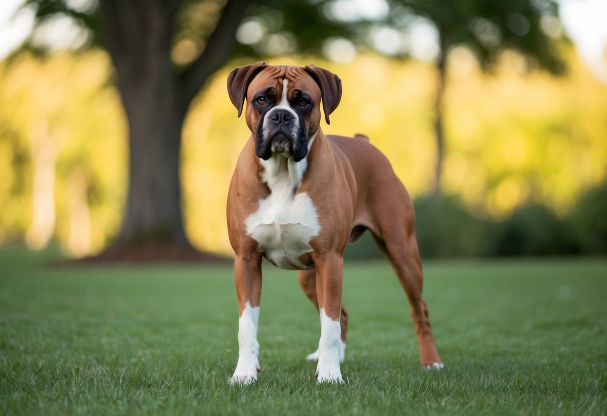 A boxer dog stands confidently, ears alert, and muscles tensed, ready to defend its territory