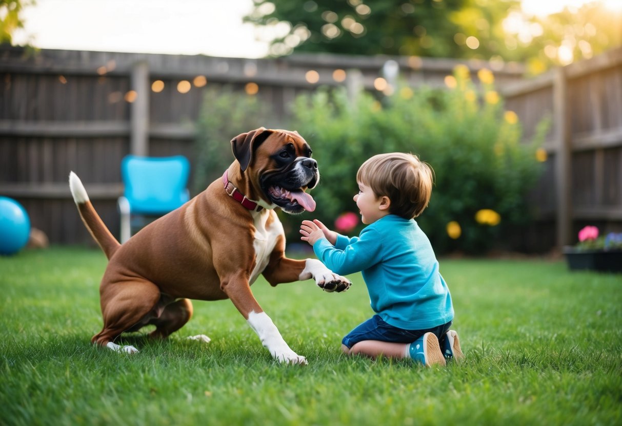 A happy boxer dog playing with a child in a backyard