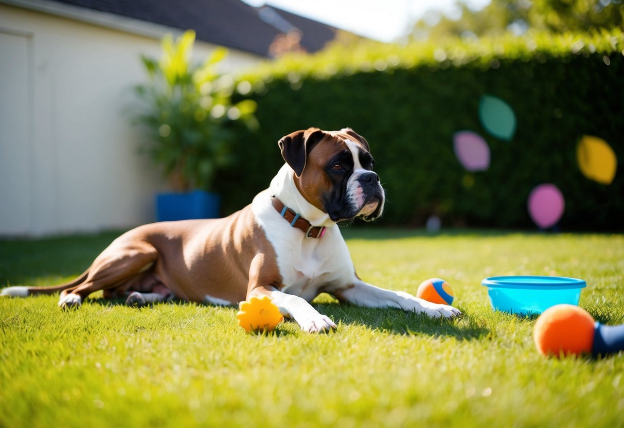 A boxer dog lying peacefully in a sunny backyard, surrounded by toys and a water bowl